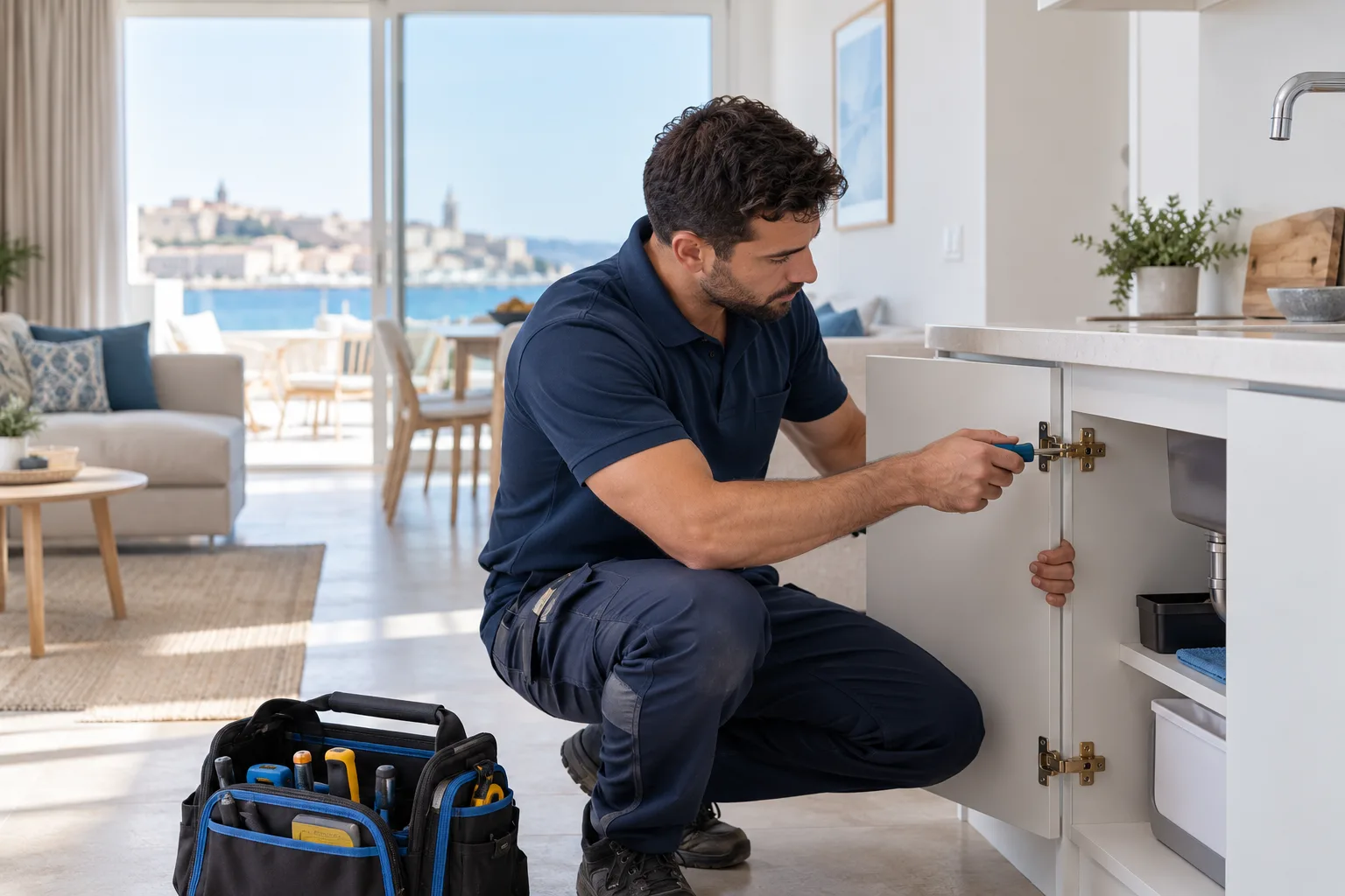 Maintenance technician repairing a fixture in a short-let apartment